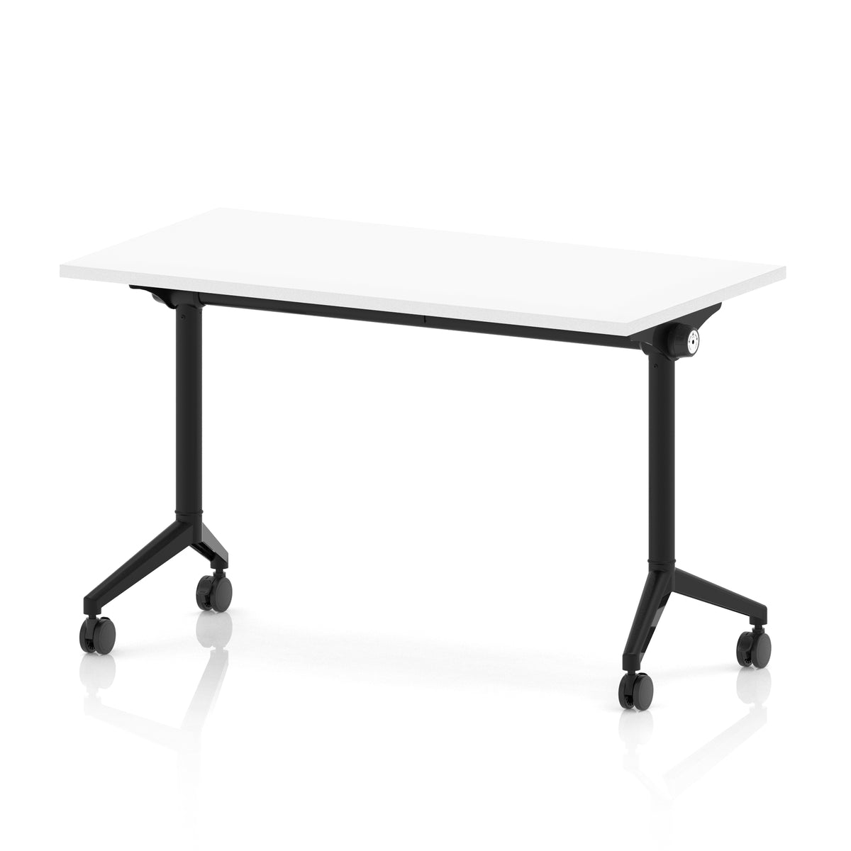 Rectangular table with a white top and black metal legs on wheels against a white background