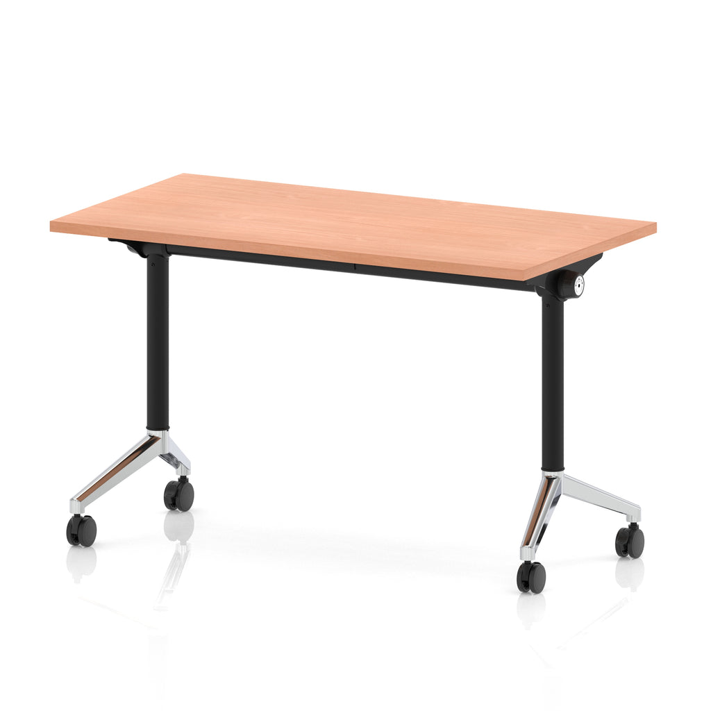 Rectangular table with a wood-effect top and black metal legs on wheels against a white background