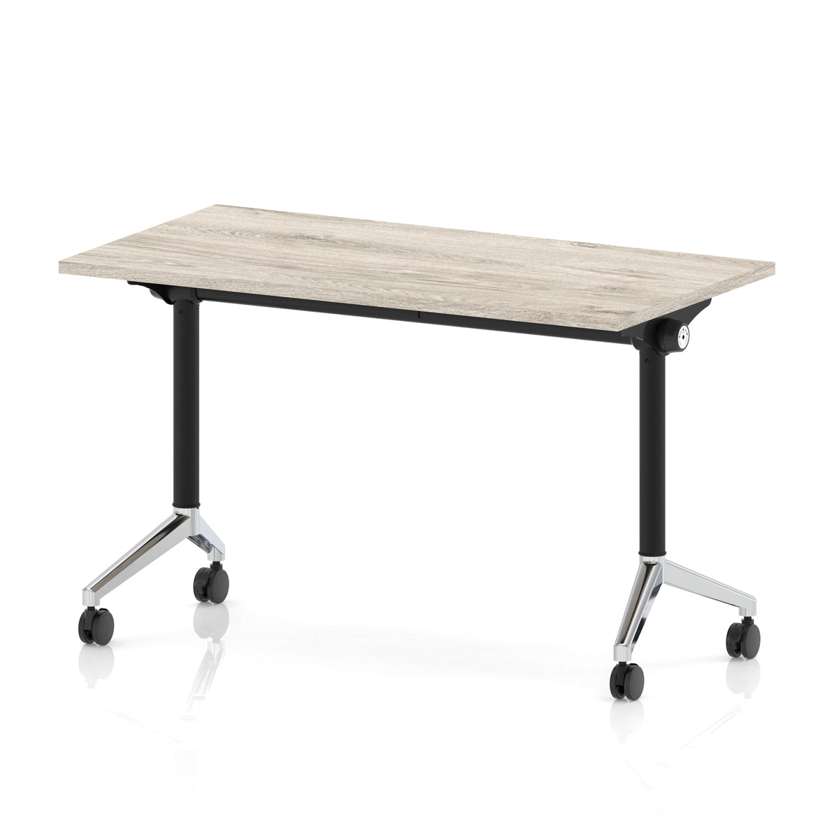 Rectangular table with a grey wood-effect top and black metal legs on wheels against a white background