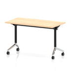 Rectangular table with a wood-effect top and black metal legs on wheels against a white background