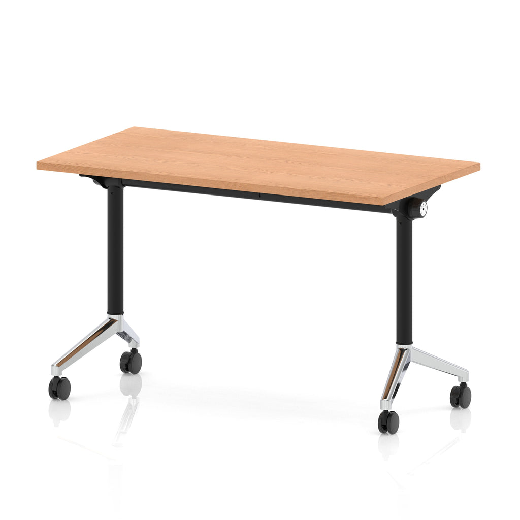 Rectangular table with a wood-effect top and black metal legs on wheels against a white background