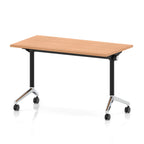 Rectangular table with a wood-effect top and black metal legs on wheels against a white background