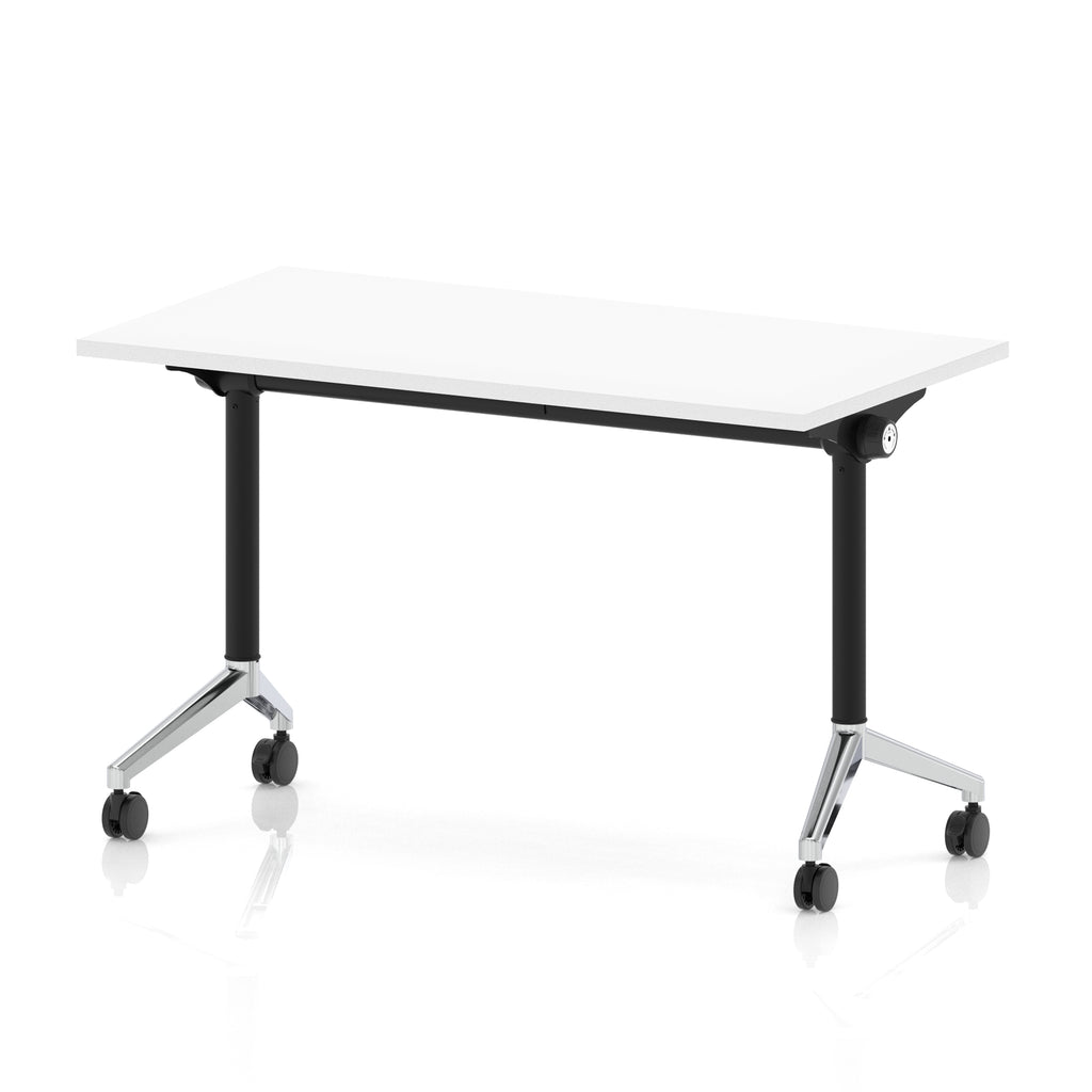 Rectangular table with a white top and black metal legs on wheels against a white background