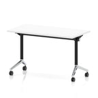 Rectangular table with a white top and black metal legs on wheels against a white background