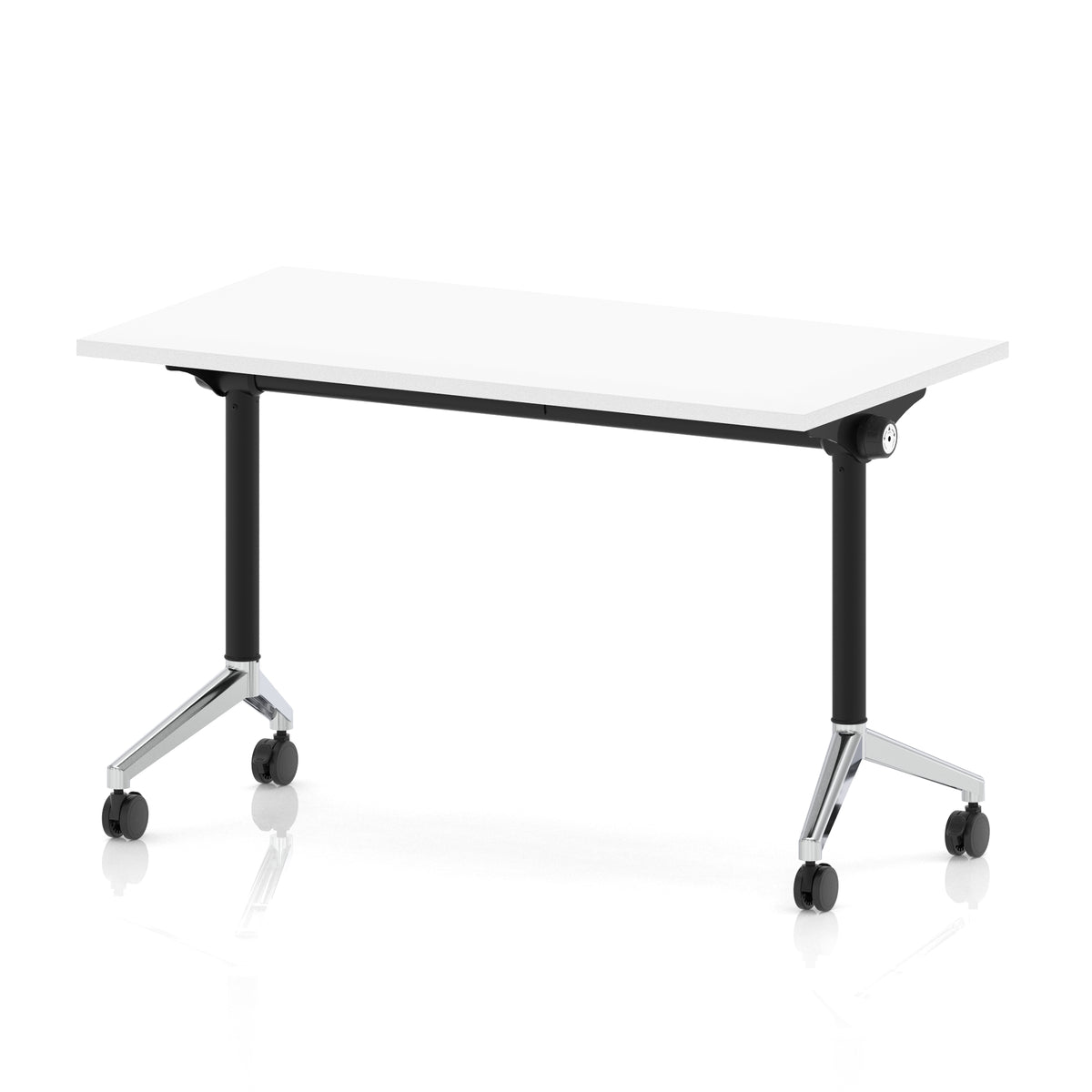 Rectangular table with a white top and black metal legs on wheels against a white background