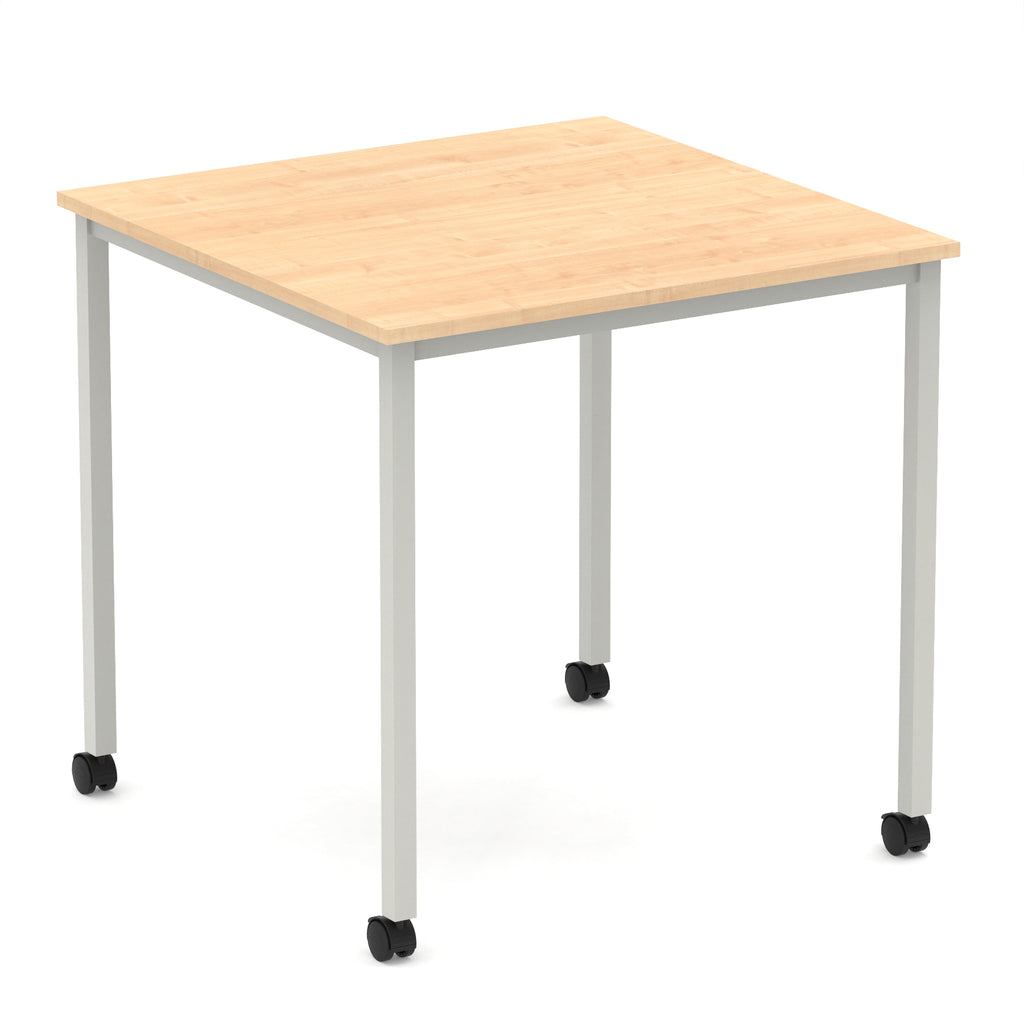 Square table with a wood-effect top and metal legs with castors on a white background