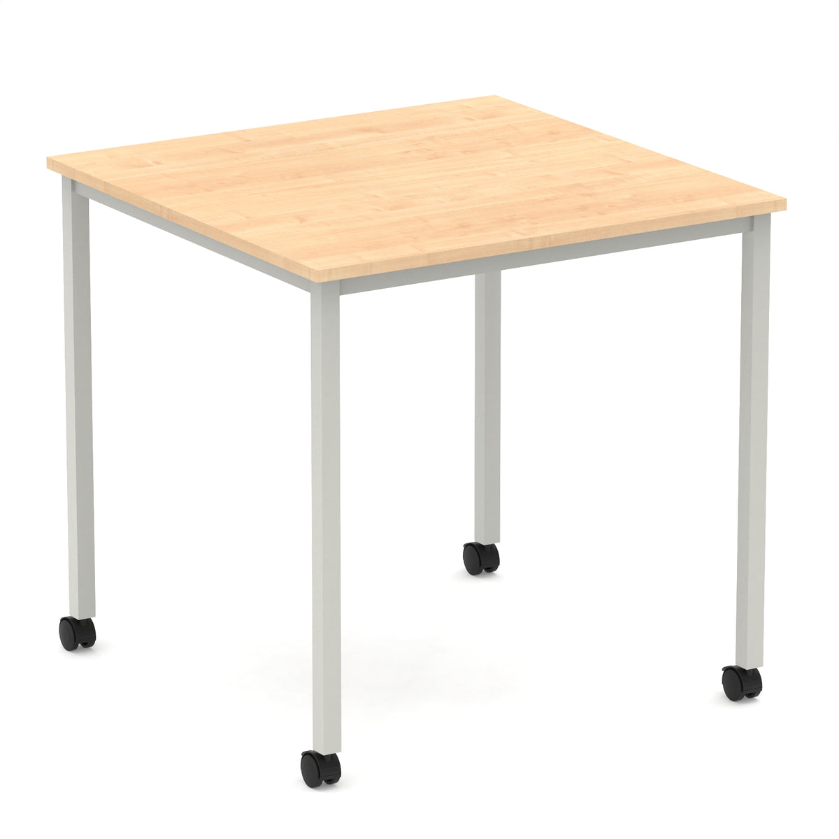 Square table with a wood-effect top and metal legs with castors on a white background