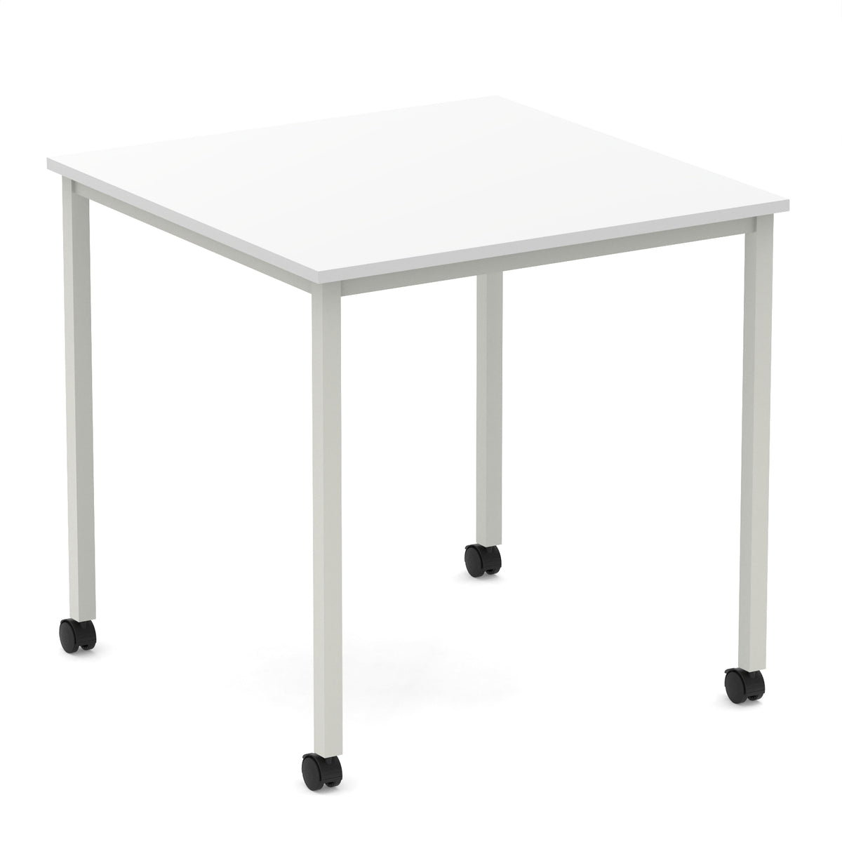 Square table with a white top and metal legs with castors on a white background