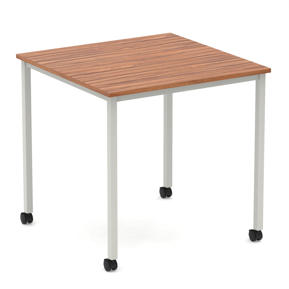 Square table with a wood-effect top and metal legs with castors on a white background