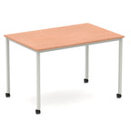 Rectangular table with a wood-effect top and metal legs with castors on a white background