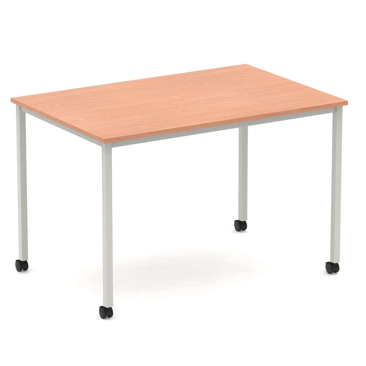 Rectangular table with a wood-effect top and metal legs with castors on a white background