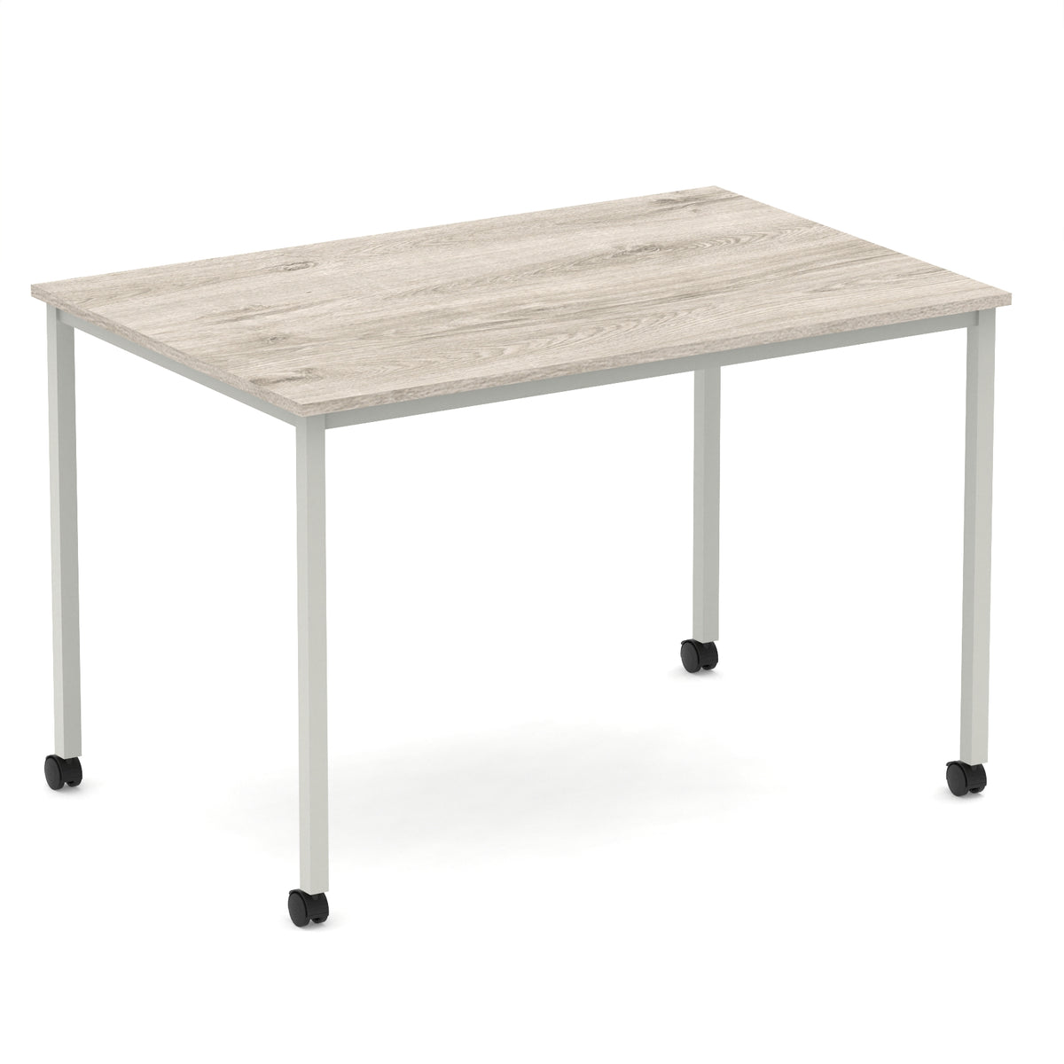 Rectangular table with a wood-effect top and metal legs with castors on a white background