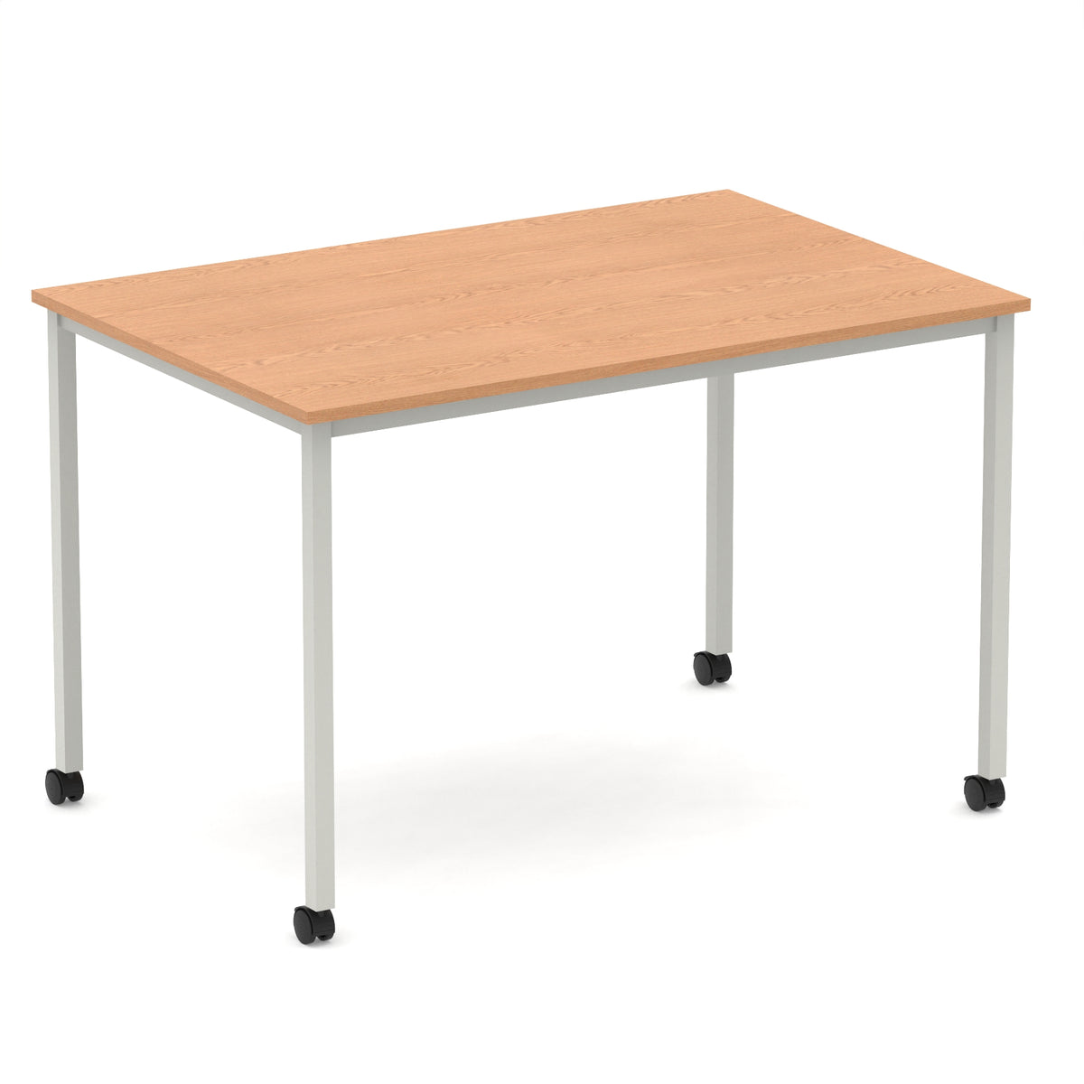 Rectangular table with a wood-effect top and metal legs with castors on a white background