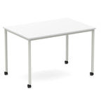 Rectangular table with a white top and metal legs with castors on a white background