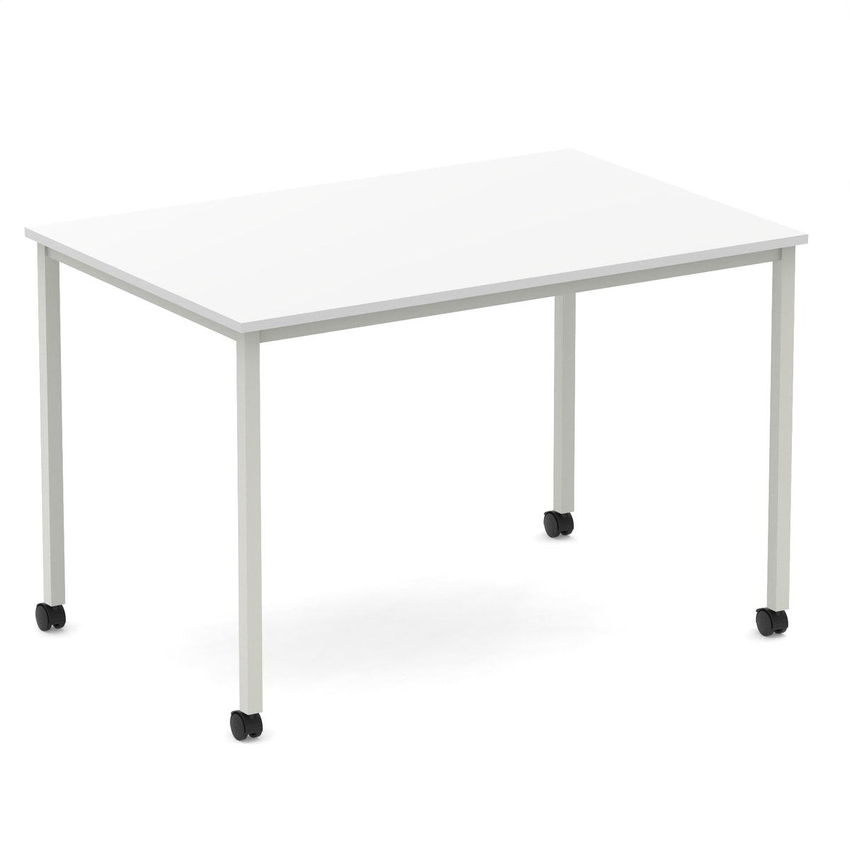 Rectangular table with a white top and metal legs with castors on a white background