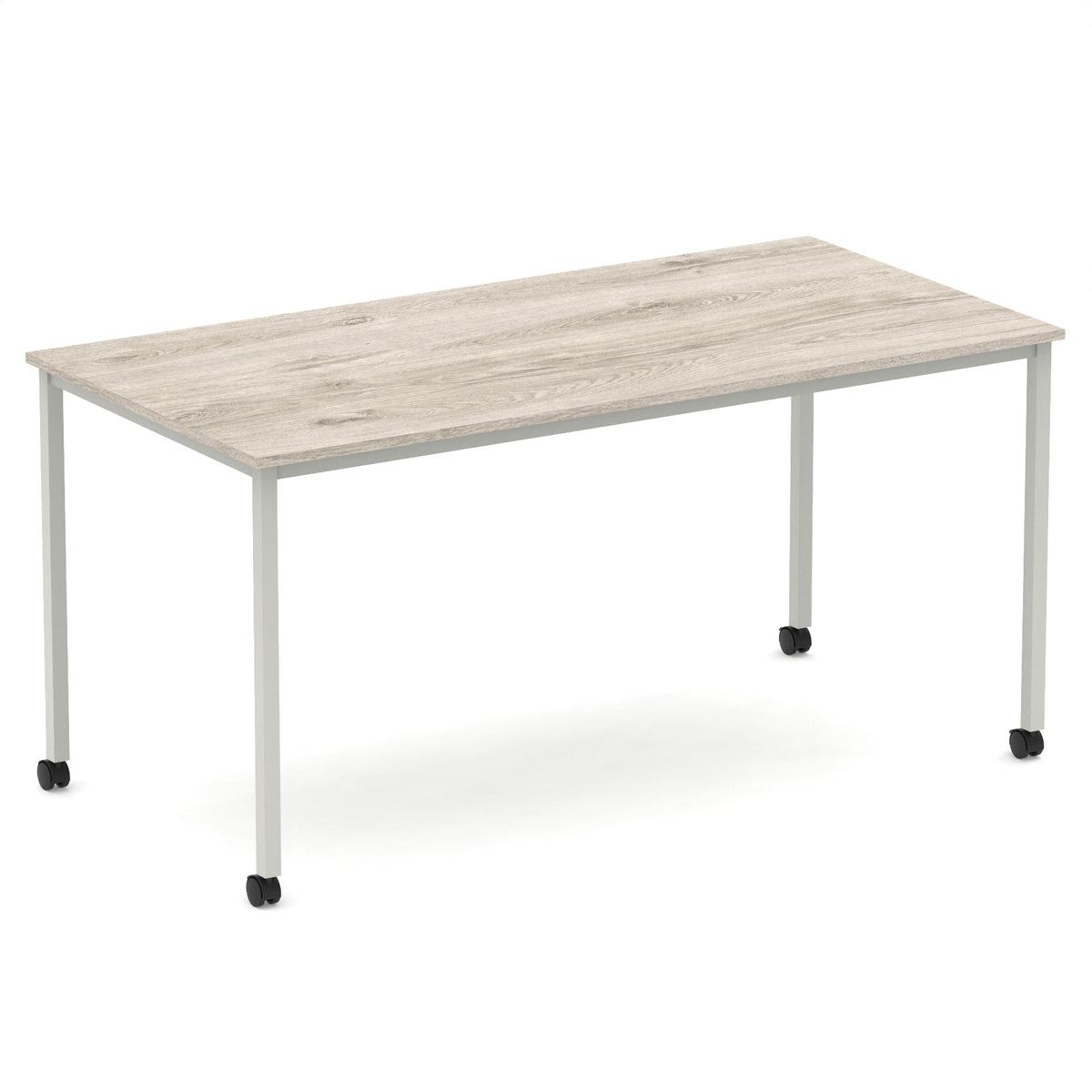 Rectangular table with a wood-effect top and metal legs with castors on a white background