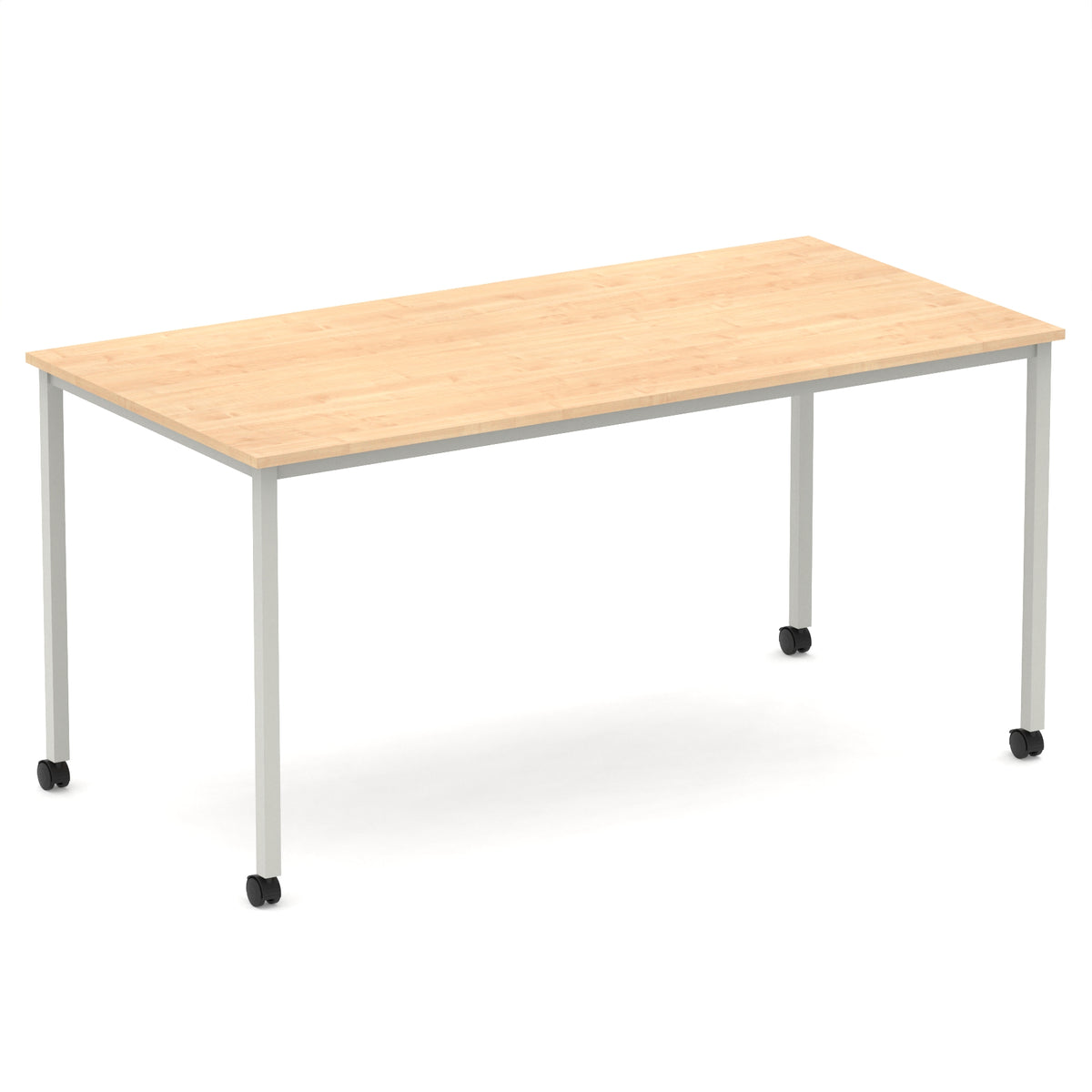 Rectangular table with a wood-effect top and metal legs with castors on a white background