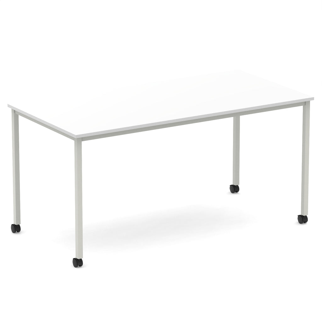 Rectangular table with a white top and metal legs with castors on a white background