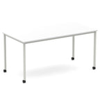 Rectangular table with a white top and metal legs with castors on a white background
