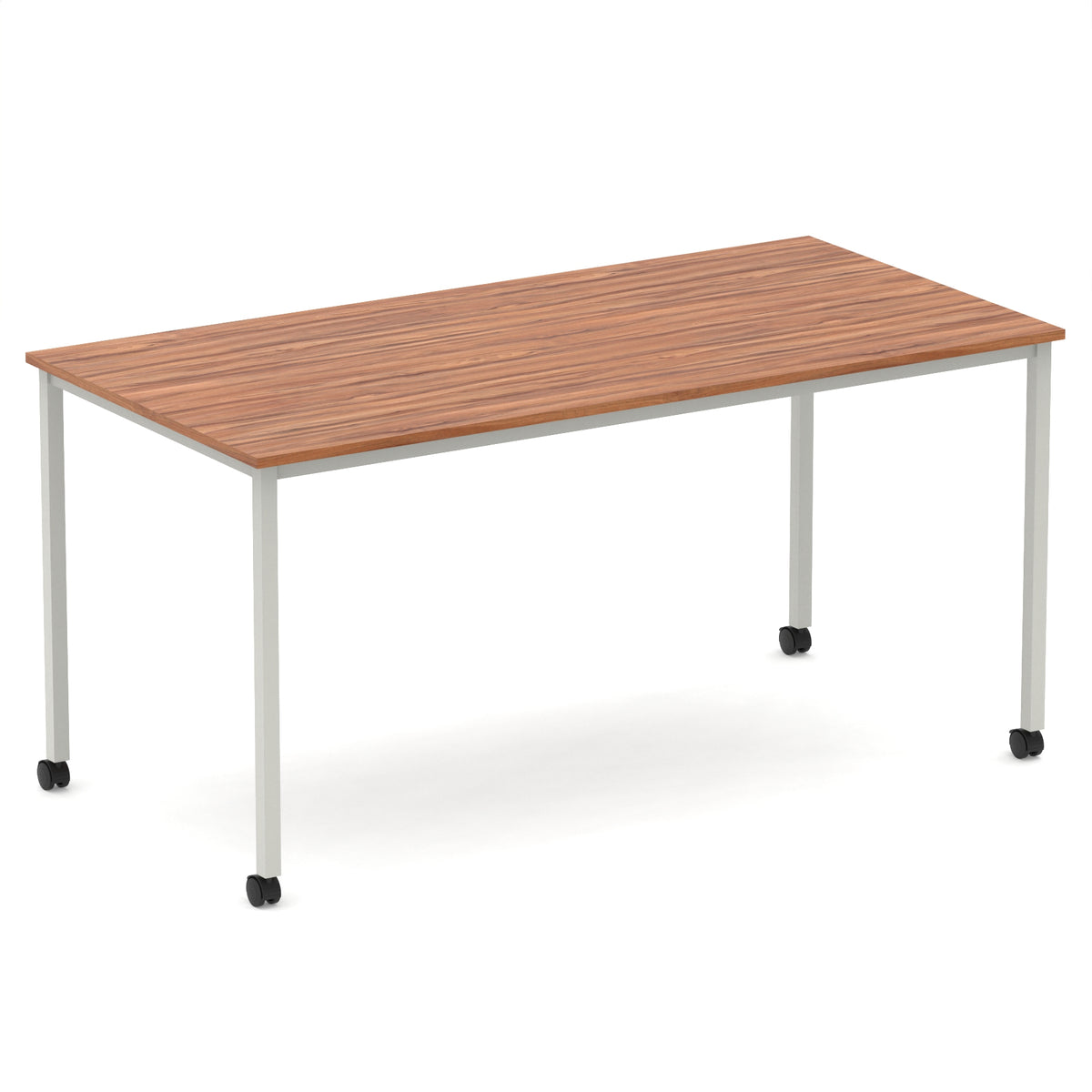 Rectangular table with a wood-effect top and metal legs with castors on a white background