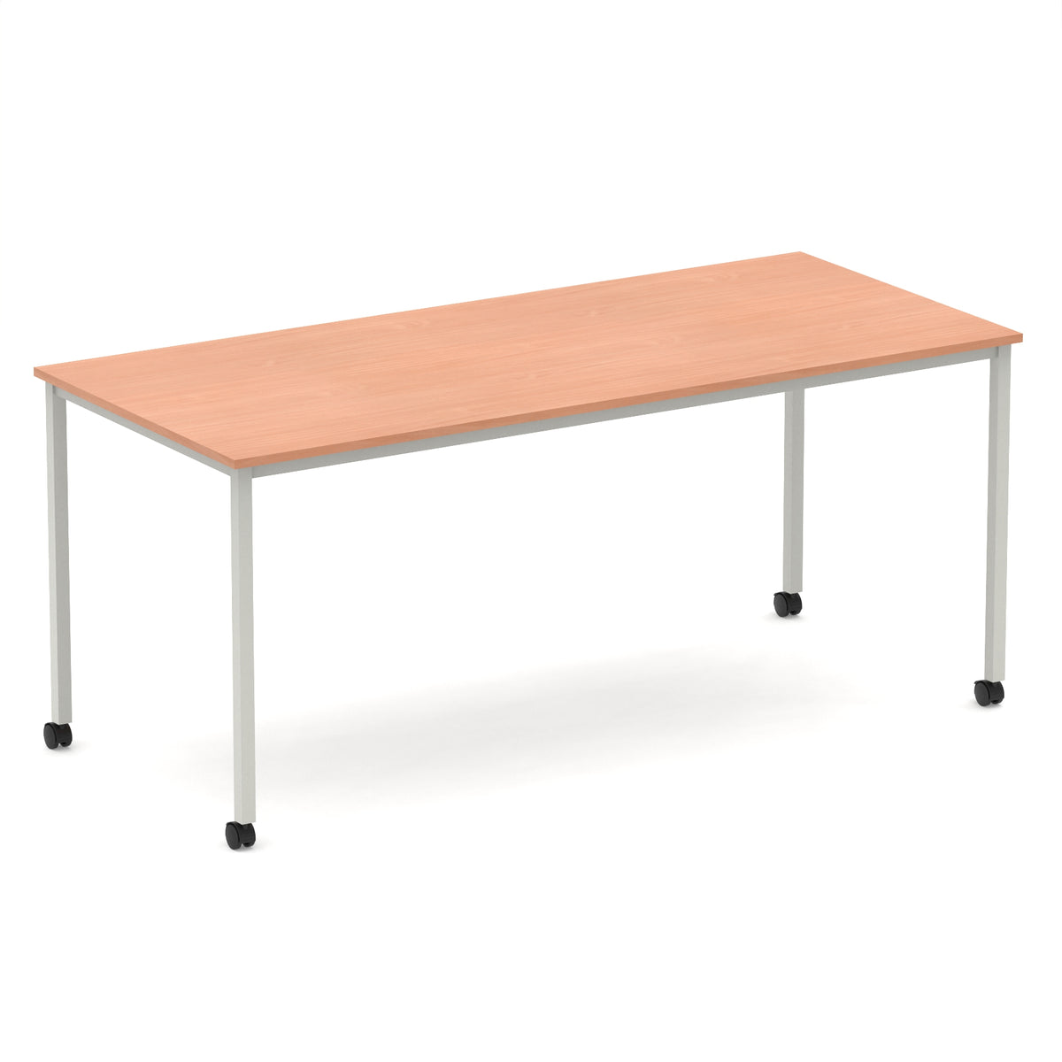 Rectangular table with a wood-effect top and metal legs with castors on a white background