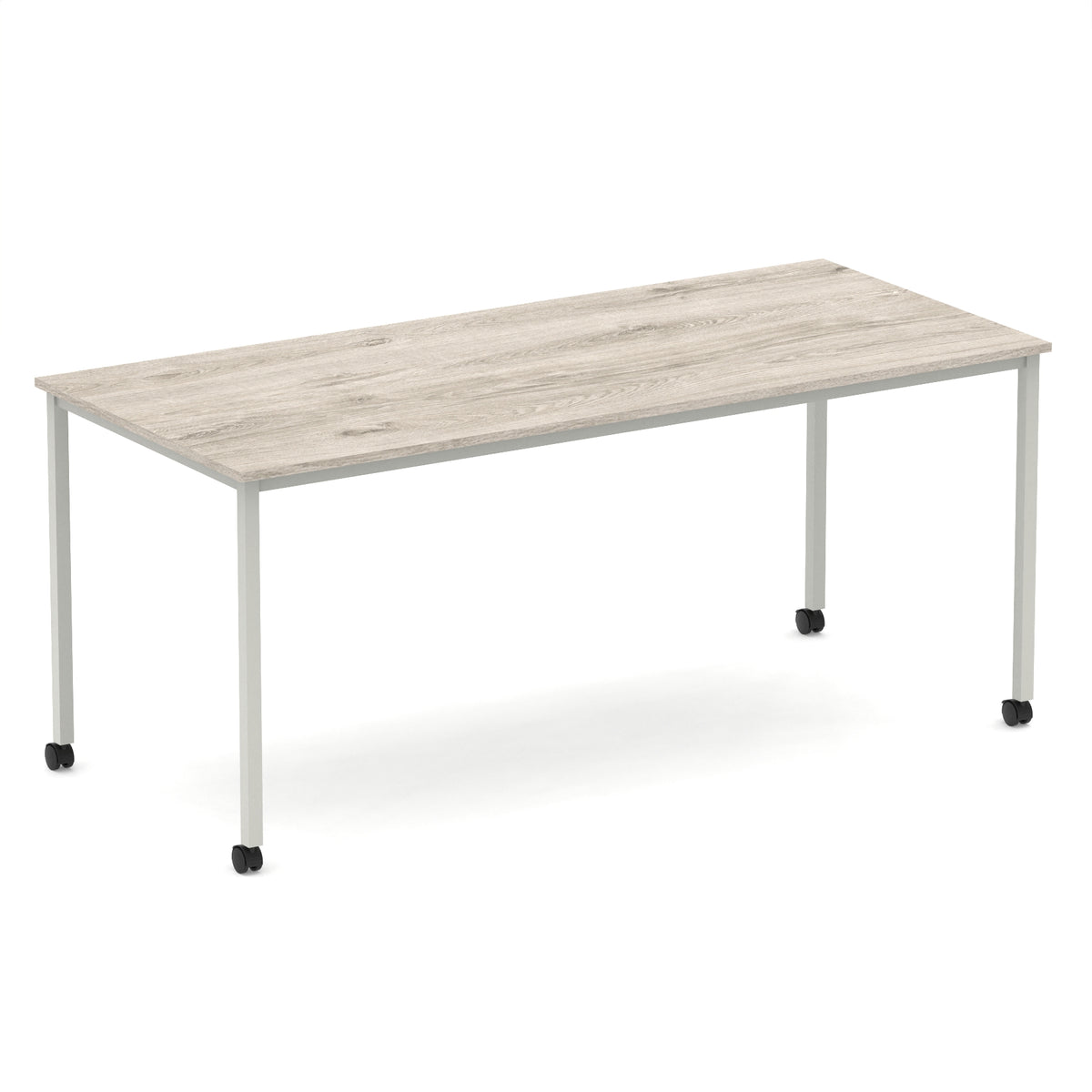 Rectangular table with a wood-effect top and metal legs with castors on a white background