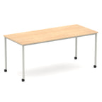 Rectangular table with a wood-effect top and metal legs with castors on a white background