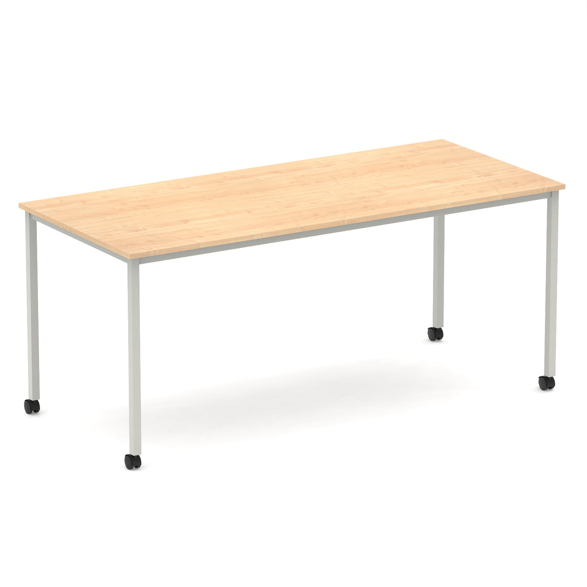 Rectangular table with a wood-effect top and metal legs with castors on a white background