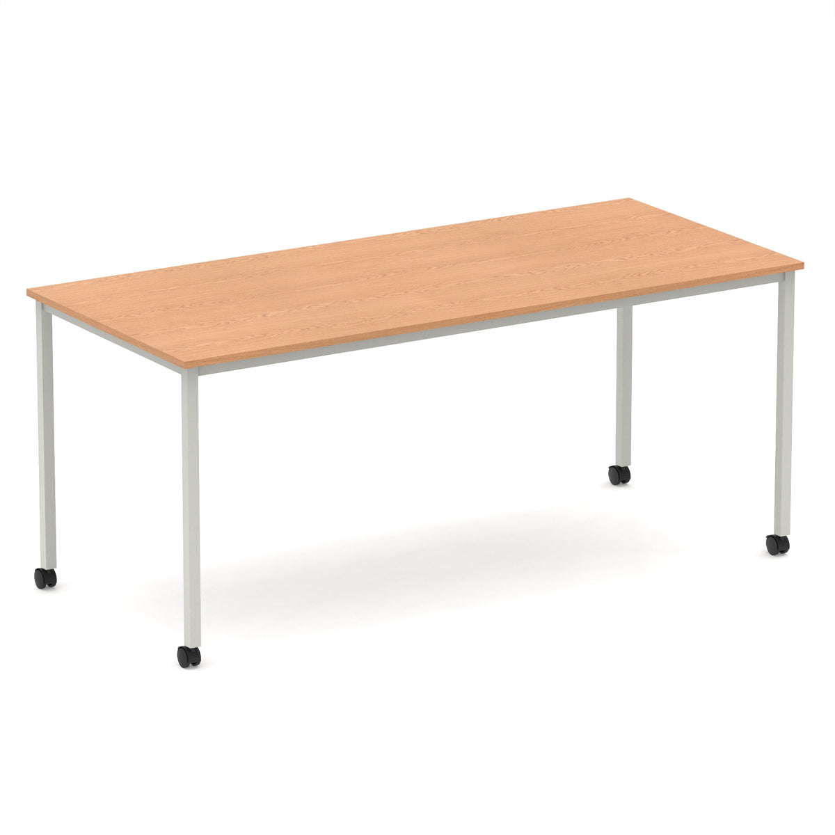 Rectangular table with a wood-effect top and metal legs with castors on a white background
