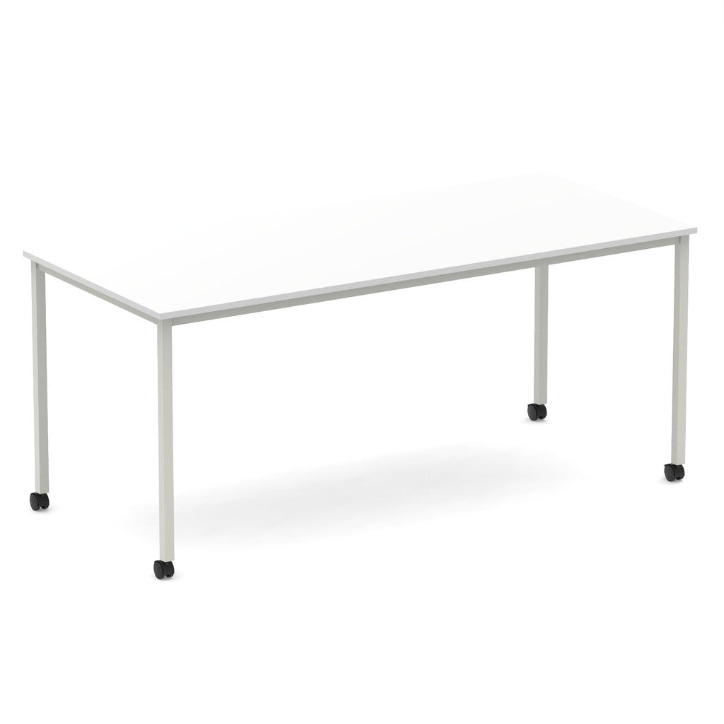 Rectangular table with a white top and metal legs with castors on a white background