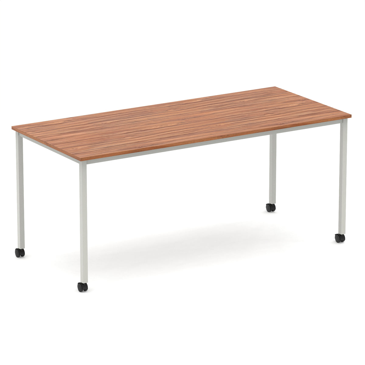 Rectangular table with a wood-effect top and metal legs with castors on a white background