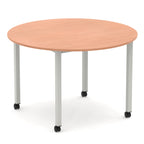 Round table with wood-effect top and metal legs with castors on a white background