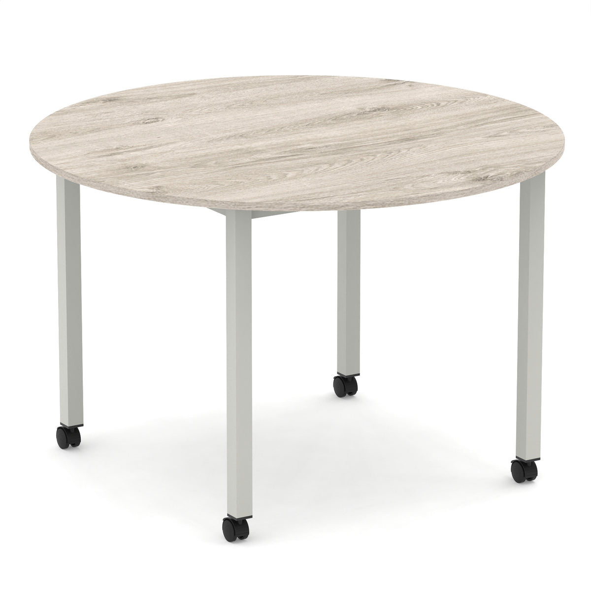 Round table with wood-effect top and metal legs with castors on a white background