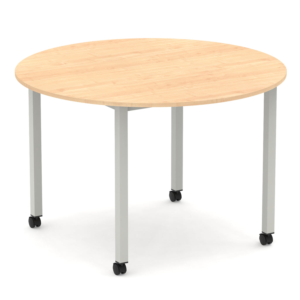 Round table with wood-effect top and metal legs with castors on a white background