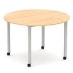 Round table with wood-effect top and metal legs with castors on a white background