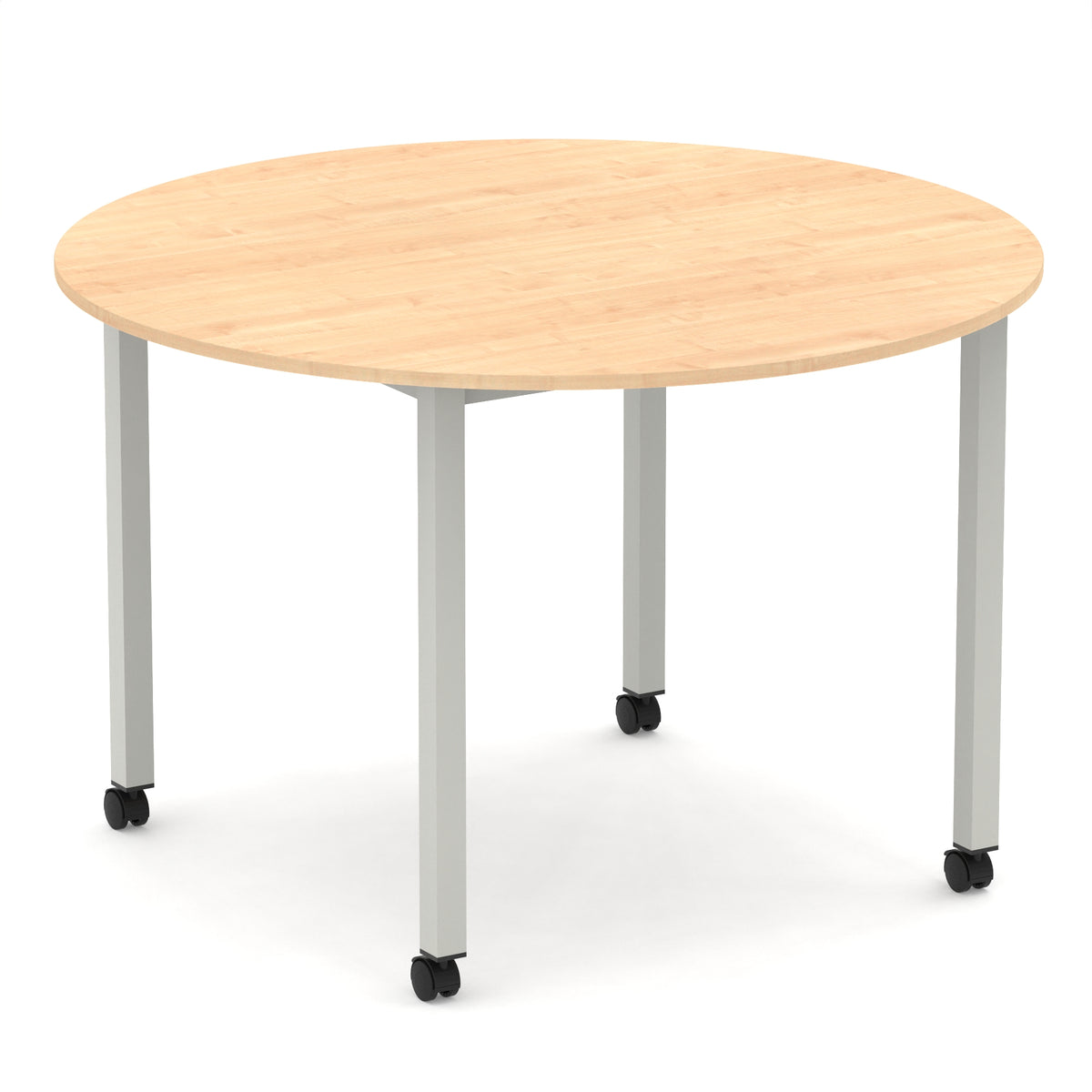 Round table with wood-effect top and metal legs with castors on a white background
