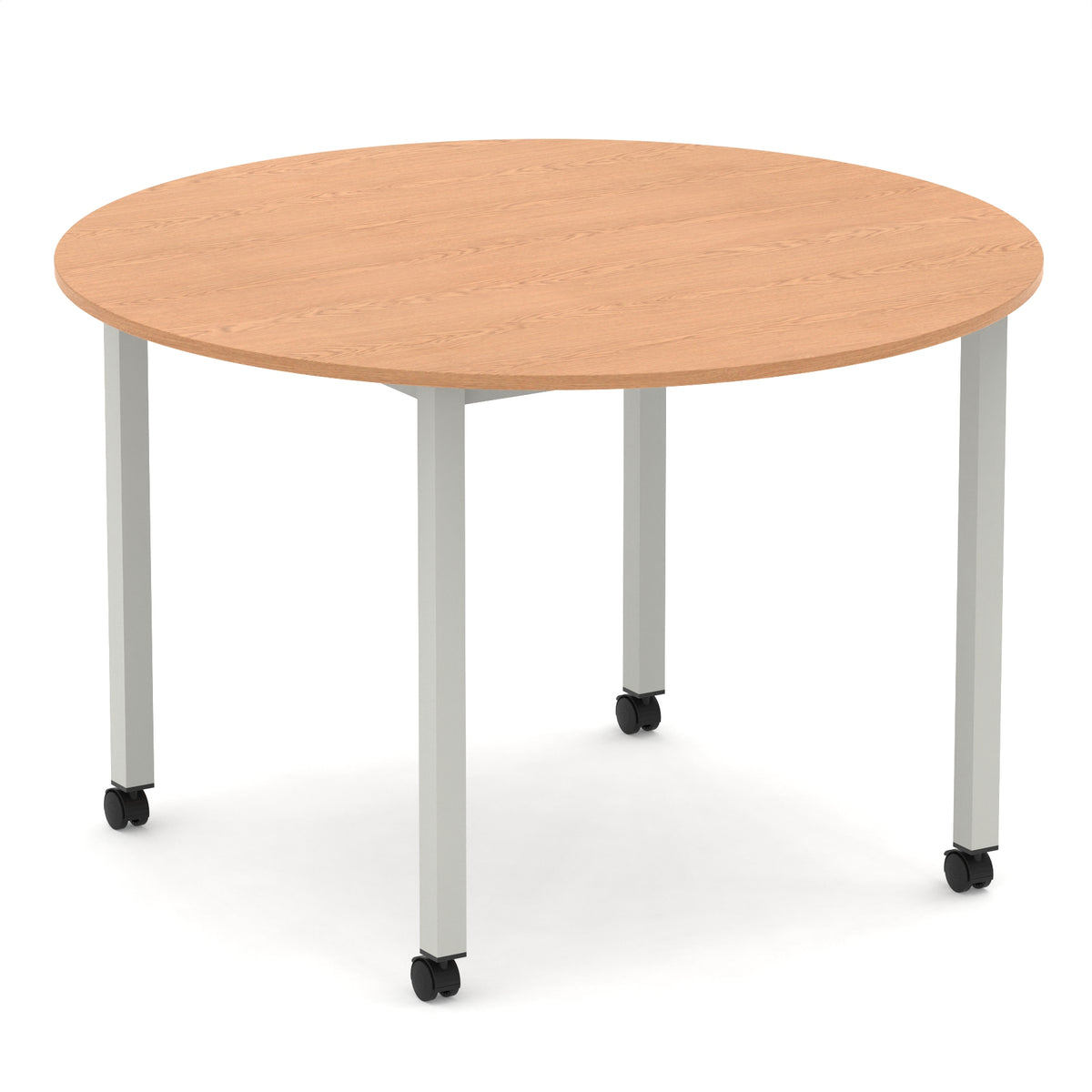 Round table with wood-effect top and metal legs with castors on a white background