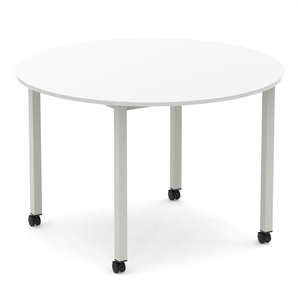 Round table with white top and metal legs with castors on a white background
