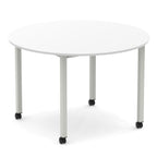 Round table with white top and metal legs with castors on a white background
