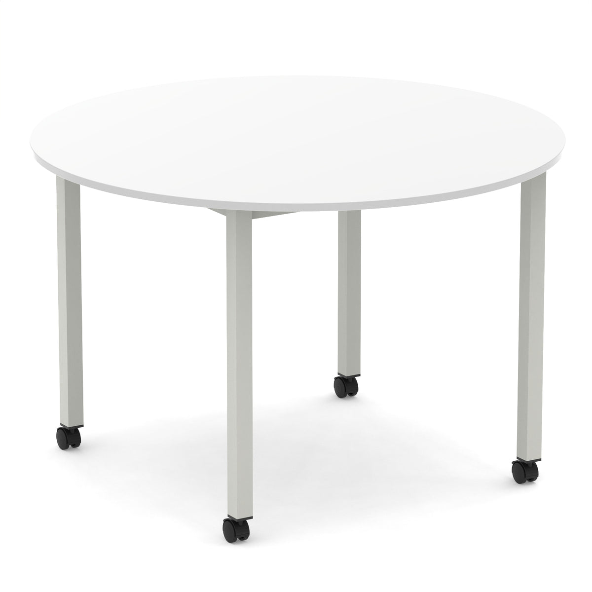 Round table with white top and metal legs with castors on a white background