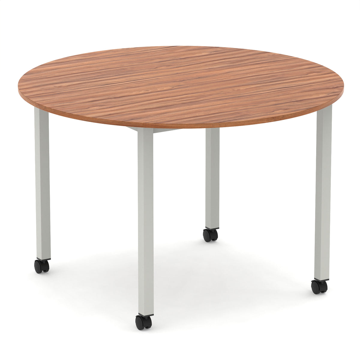 Round table with wood-effect top and metal legs with castors on a white background
