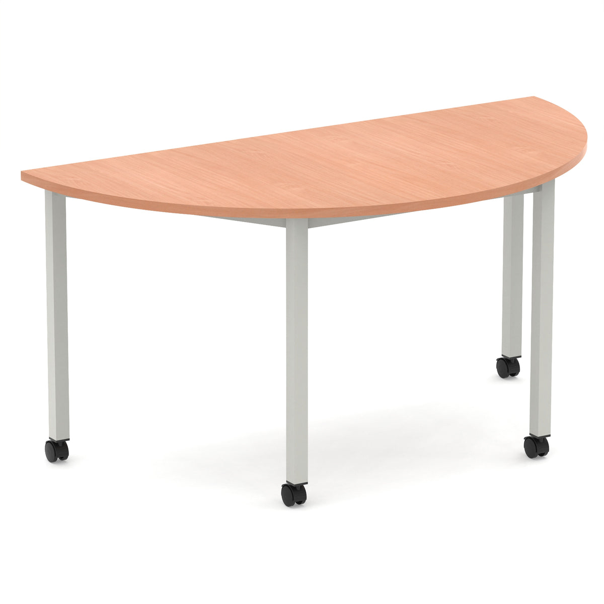 Half-circle shaped table with wood-effect top and metal legs with castors on a white background
