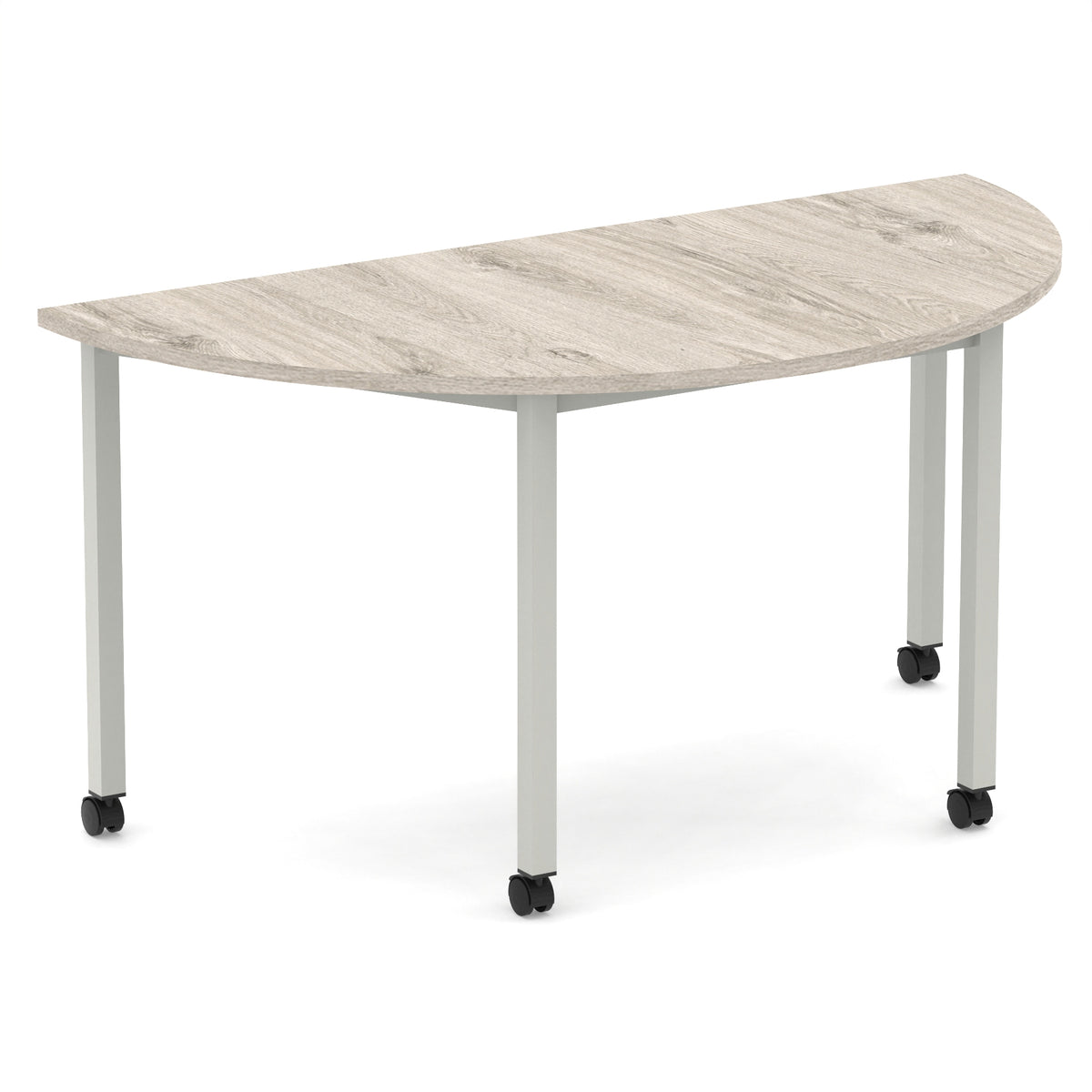 Half-circle shaped table with wood-effect top and metal legs with castors on a white background