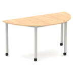 Half-circle shaped table with wood-effect top and metal legs with castors on a white background