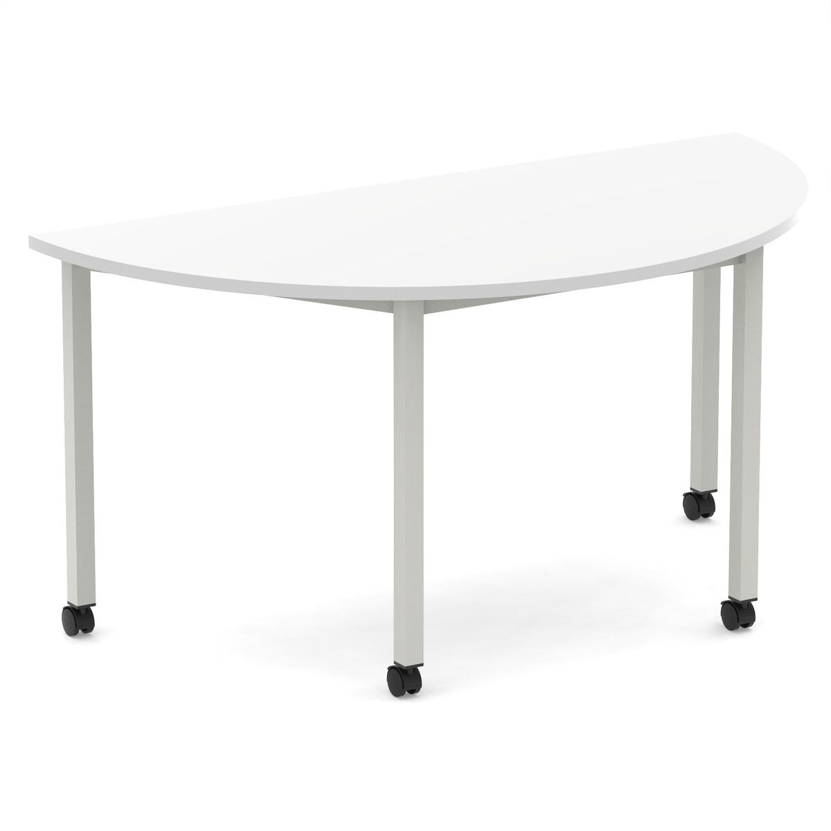 Half-circle shaped table with white top and metal legs with castors on a white background