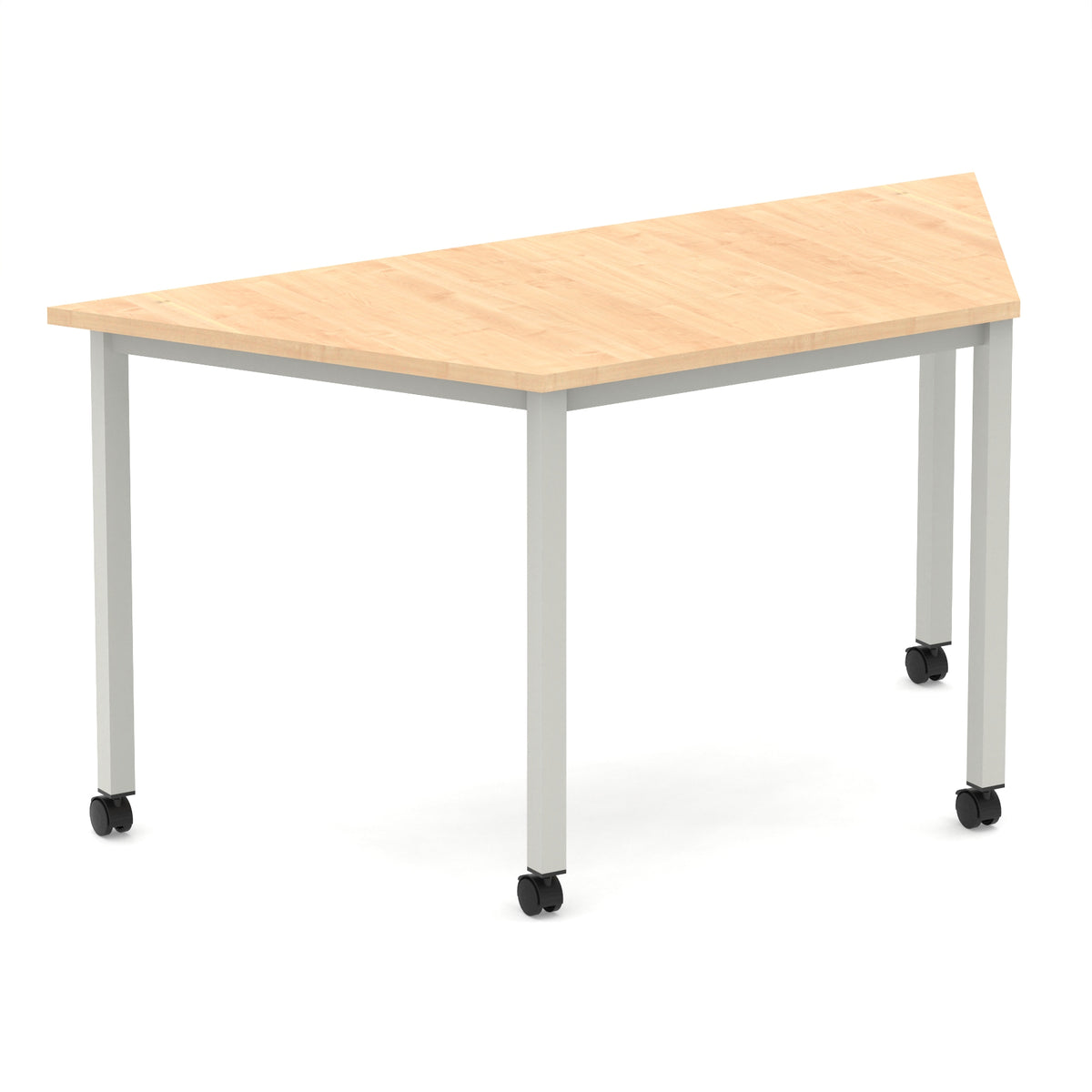 Trapezium shaped table with wood-effect top and metal frame with wheels, shown on a white background