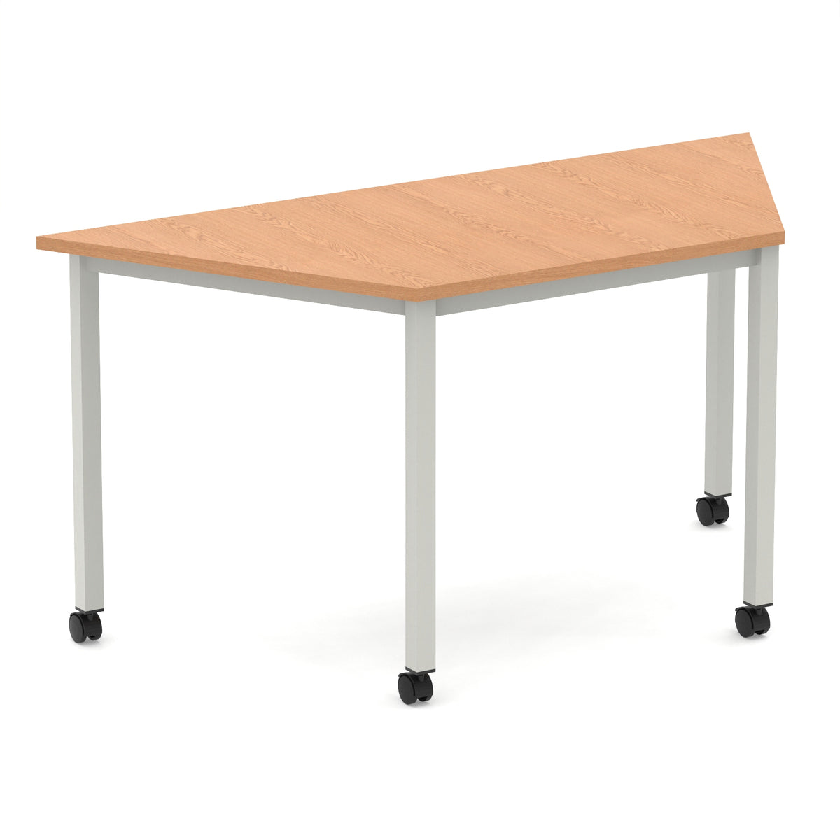 Trapezium shaped table with wood-effect top and metal frame with wheels, shown on a white background