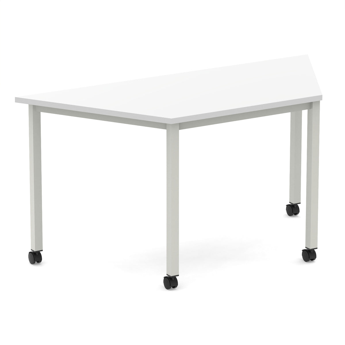 Trapezium shaped table with white top and metal frame with wheels, shown on a white background