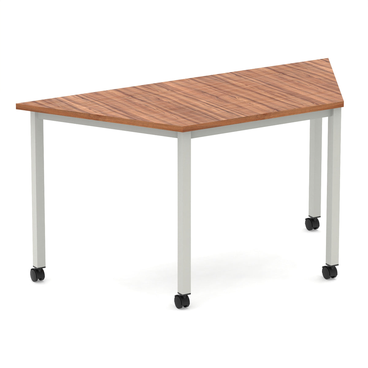 Trapezium shaped table with wood-effect top and metal frame with wheels, shown on a white background