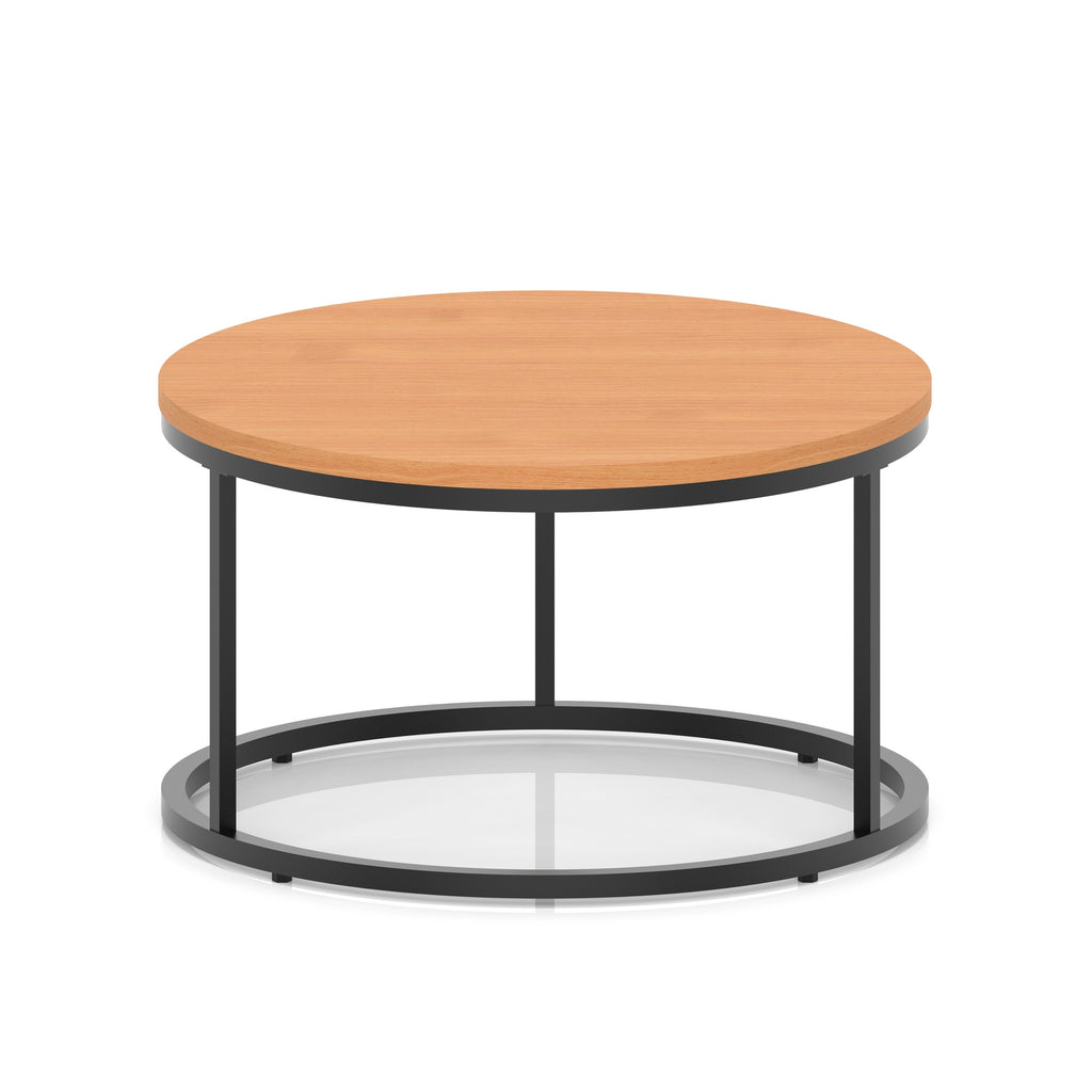 A round coffee table with a light wood-effect top, a black metal frame, shown on a white background.